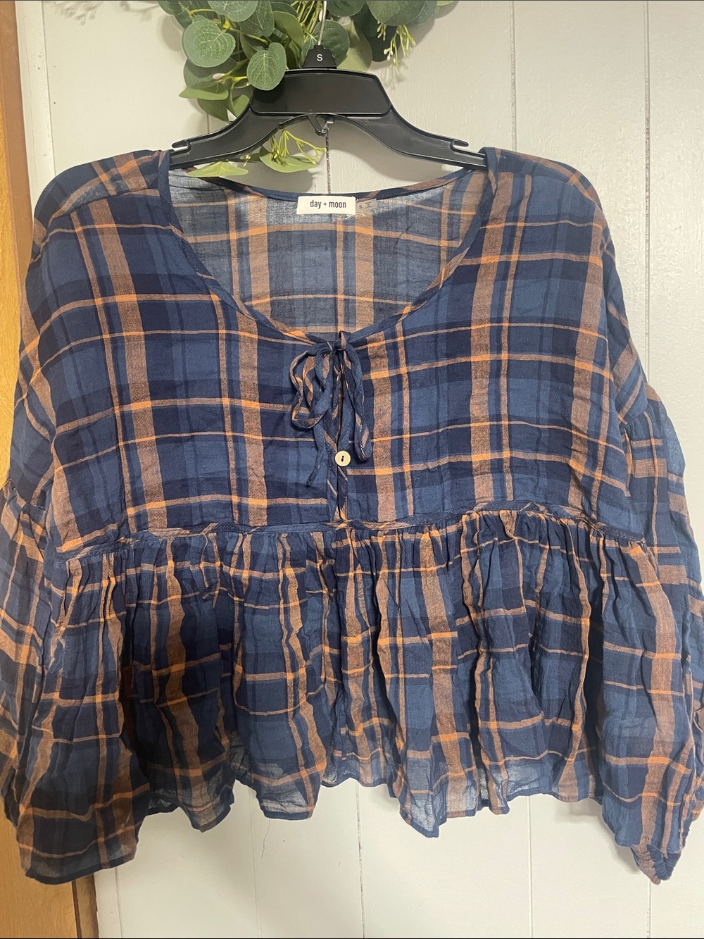 Day + Moon Navy Plaid Ruffle Hem Tunic